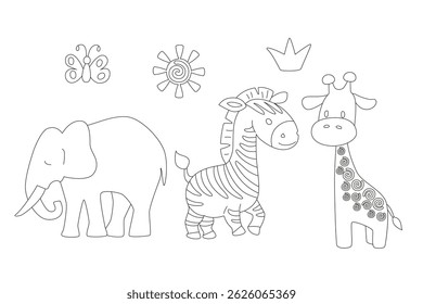 Minimalist safari animal line art collection: elephant, zebra, and giraffe. Perfect for kids’ coloring books, educational projects, logo designs, or wall decor. Editable vector outlines 