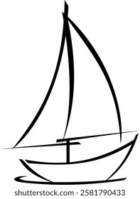 Minimalist sailboat drawing in simple line art style. Clean single line boat illustration ideal for logos, children's books, and nautical themed designs. Pure black and white sailing vessel sketch.