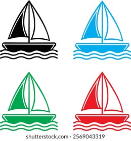 Minimalist sailboat icons, colorful vector graphics, simple line drawings, stylized waves, geometric nautical designs, flat color palette, black blue green red sailboats, repeating pattern, clean mode