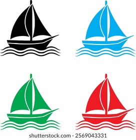 Minimalist sailboat icons, colorful vector graphics, simple line drawings, stylized waves, geometric nautical designs, flat color palette, black blue green red sailboats, repeating pattern, clean mode