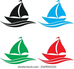 Minimalist sailboat icons, colorful vector graphics, simple line drawings, stylized waves, geometric nautical designs, flat color palette, black blue green red sailboats, repeating pattern, clean mode