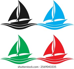 Minimalist sailboat icons, colorful vector graphics, simple line drawings, stylized waves, geometric nautical designs, flat color palette, black blue green red sailboats, repeating pattern, clean mode