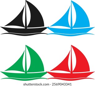 Minimalist sailboat icons, colorful vector graphics, simple line drawings, stylized waves, geometric nautical designs, flat color palette, black blue green red sailboats, repeating pattern, clean mode