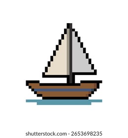 Um veleiro minimalista renderizado em arte de 8 bits em pixels. Ideal para viagens, férias, temas de aventura marítima ou recursos de jogo.