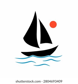 Minimalist Sailboat Vector Icon with Sun and Blue Waves