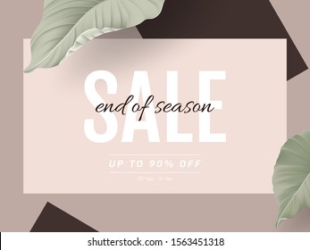 Minimalist sale banner mockup template design, rectangle frame decorated with green leaves in pastel pink gold theme