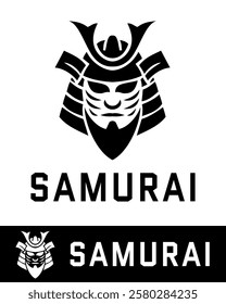 Minimalist samurai logo design featuring a bold and iconic warrior helmet illustration in black and white