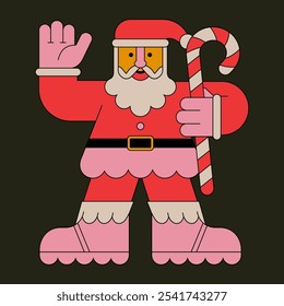 Minimalist Santa Claus Illustration with Candy Cane in Retro Style