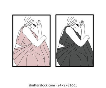 Minimalist saree poster design with woman illustration for wall art collection, traditional Pakistani, Indian art, hand drawn