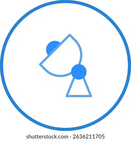 Minimalist satellite dish icon illustration on white background inside blue circle