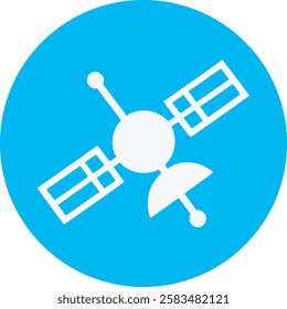 A minimalist Satellite icon with a clean white outline on a light Cambridge blue background. Modern and sleek, symbolizing global communication, space technology, and connectivity.