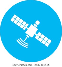 A minimalist Satellite icon with a clean white outline on a light Cambridge blue background. Modern and sleek, symbolizing global communication, space technology, and connectivity.