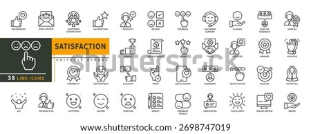 Minimalist Satisfaction line icons set with editable stroke, featuring recomended, email review, customers, positivity, review, feedback, trust, ratting, achieve, reward. thin linear illustration.