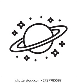 Minimalist Saturn planet vector icon featuring clean, modern design with sparkling stars. Perfect for digital projects, websites, apps, and illustrations. High-quality vector format ensures scalability and versatility for creative, space-themed, astronomy, and cosmic designs.