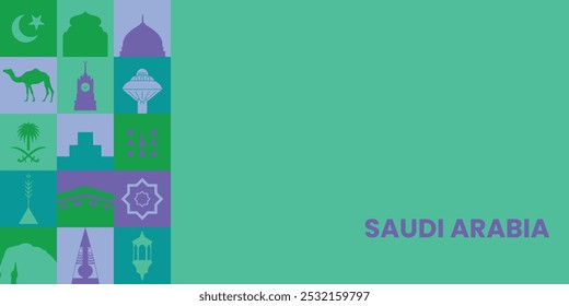 Minimalist Saudi Arabian motifs come together in this sleek, grid-like design—perfect for presentations, banners, or website backgrounds.