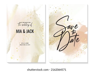 Minimalist save the date rsvp card pink gold set. Modern greeting card stationery template, watercolor ink minimal spalsh in vector 