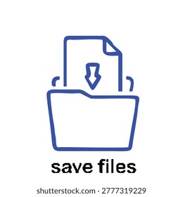 Minimalist Save Files Icon Illustration, Document Download to Folder, Data Storage and Backup Concept, Blue Line Flat Design