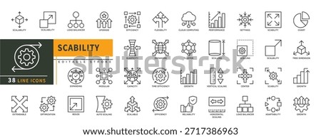 Minimalist Scability line icons set with editable stroke, featuring load balancer, upgrade, efficiency, flexibility, cloud computing, performance, scaling, settings, chart, . thin linear illustration.