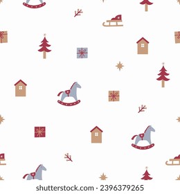 Minimalist Scandi Christmas Print. Happy Holidays. Seamless pattern with Winter Decor elements