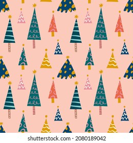 Minimalistische skandinavische verschiedene Fichtenarten kindisch kartoon boho naive funky handgezeichnet Art nahtlose Muster Vektorgrafik