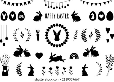 minimalist scandinavian easter illustrations with eggs, bunnies, flowers and leaves