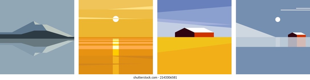 Minimalist Scandinavian landscapes. Set of vector illustrations. Nordic landscape, fishing village, fjords, mountains and sea. Backgrounds for banners, posters, covers. 