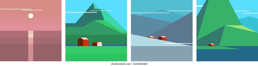 Minimalist Scandinavian landscapes. Set of vector illustrations. Nordic landscape, fishing village, fjords, mountains and sea. Backgrounds for banners, posters, covers. 