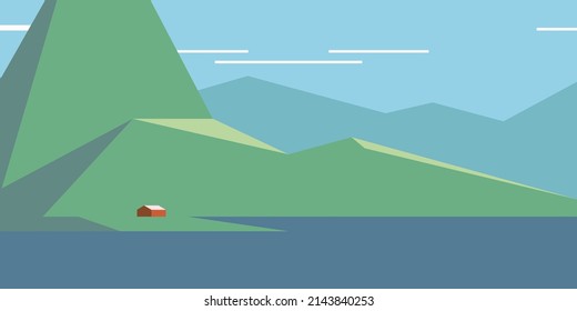 Paisajes escandinavos minimalistas. Conjunto de ilustraciones vectoriales. Paisaje nórdico, pueblo de pescadores, fiordos, montañas y mar. Fondos para carteles, afiches, portadas. 