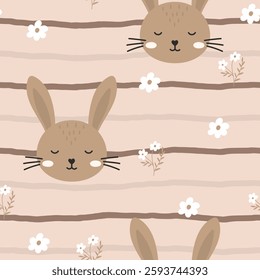 Minimalist Scandinavian-style seamless bunny pattern in neutral beige and brown tones, vector illustration, ideal for baby products, wallpaper, and delicate fabric prints