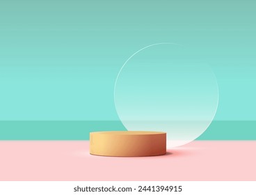 A minimalist scene with 3D yellow podium and a clear circle against a pink and blue background. Vector illustration