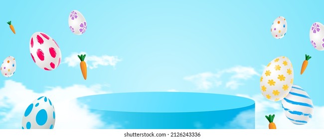 Minimalist scene with a blue cylindrical podium in the clouds and flying Easter eggs and carrots. Stage for product demonstration, showcase. Vector illustration