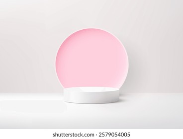 Minimalist scene featuring a circular pink backdrop framing a sleek white podium. Ideal for product display, branding, or mockups in contemporary design and creative advertising projects