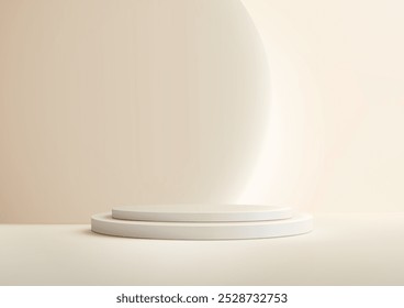 Escena minimalista con podios circulares blancos sobre un fondo beige, la luz difusa suave crea una atmósfera elegante, ideal para exhibiciones de productos, maquetas o proyectos de Diseño gráfico