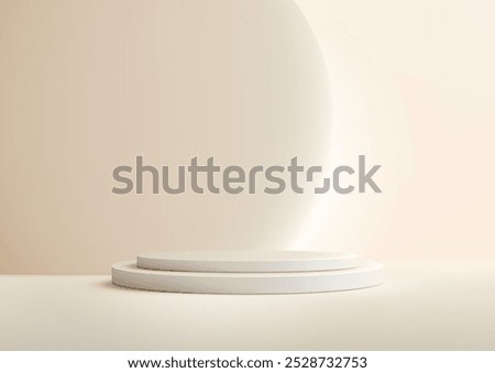 Minimalist scene featuring white circular podiums against a beige backdrop, Soft diffused light creates an elegant atmosphere, ideal for product displays, mockups, or graphic design projects