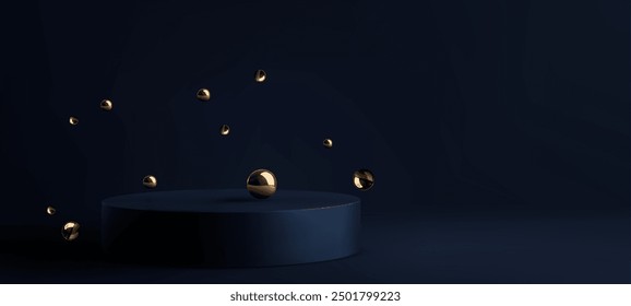 Minimalist scene with floating golden spheres. Dark, elegant podium surrounded by floating golden spheres on deep blue background ideal for luxury product presentations and high-end design projects.