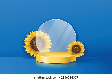 Minimalist scene with round yellow podium on blue wall background and sunflowers for product presentation, mockup, advertising. Ukraine support. Vector Illustration