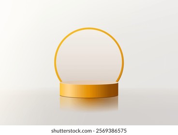 Minimalist scene showcasing a vibrant yellow podium with a circular frame backdrop on white background. Modern design, product displays, mockups, and creative branding