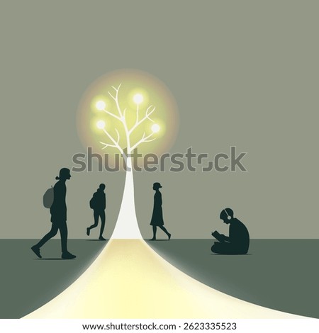 Minimalist scene with students and a shining tree of knowledge. Silhouettes of university or college students