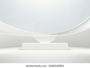 A minimalist scene with a white circle glass on top of a white podium in a white room. Product display mockups. Vector illustration