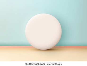 A minimalist scene with a white circle platform set against a soft blue pastel wall and a warm gradient floor, Studio room for modern product display, mockup, and visual showcase