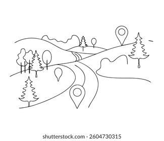 Minimalist Scenic Route with Location Pins. A simple line drawing depicts a winding road or path through a landscape with trees and hills, marked by three location pin icons.