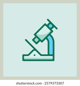 A minimalist science icon featuring a teal and blue microscope illustration