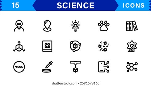 Minimalist Science Icon Pack. Flat, Line, and Outline Icons for Technology, Chemistry, Biology, and Scientific Studies