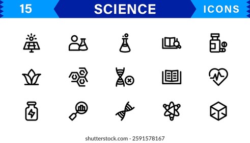 Minimalist Science Icon Pack. Flat, Line, and Outline Icons for Technology, Chemistry, Biology, and Scientific Studies