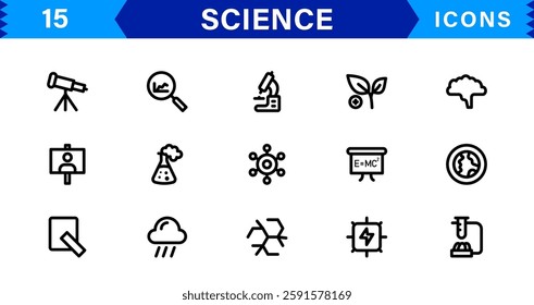 Minimalist Science Icon Pack. Flat, Line, and Outline Icons for Technology, Chemistry, Biology, and Scientific Studies