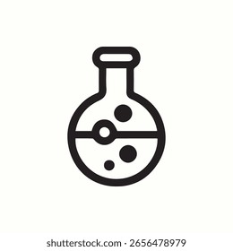 Minimalist science icon of a round bottom flask filled with a liquid and bubbles ideal for design projects related to science research or experimentation