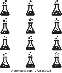 Conjunto de iconos de Ciencia minimalista con 12 Diseños de frasco de laboratorio que representan explosiones de burbujas y efectos de reacción