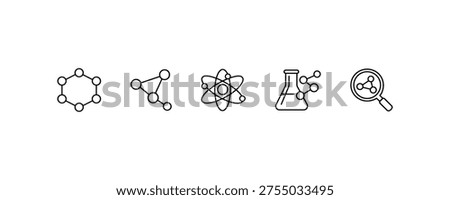 Minimalist science icons featuring molecule, atom, beaker, and magnifying glass designs.
