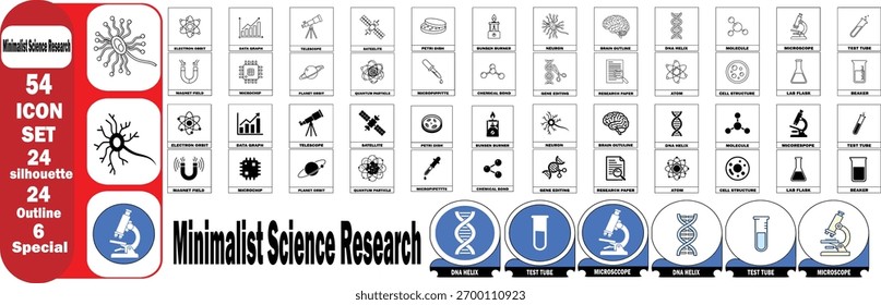 Minimalista Science Research Icon Set Vetor, 54 ícones de tecnologia em 3 estilos: sólido, contorno, dual-tone. Inclui DNA, microscópio, símbolos de átomos com fundo transparente para IU, web.