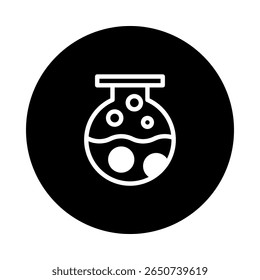 Ilustração minimalista de vidro de laboratório científico com solução borbulhante sobre círculo preto vetor gráfico de fundo para design